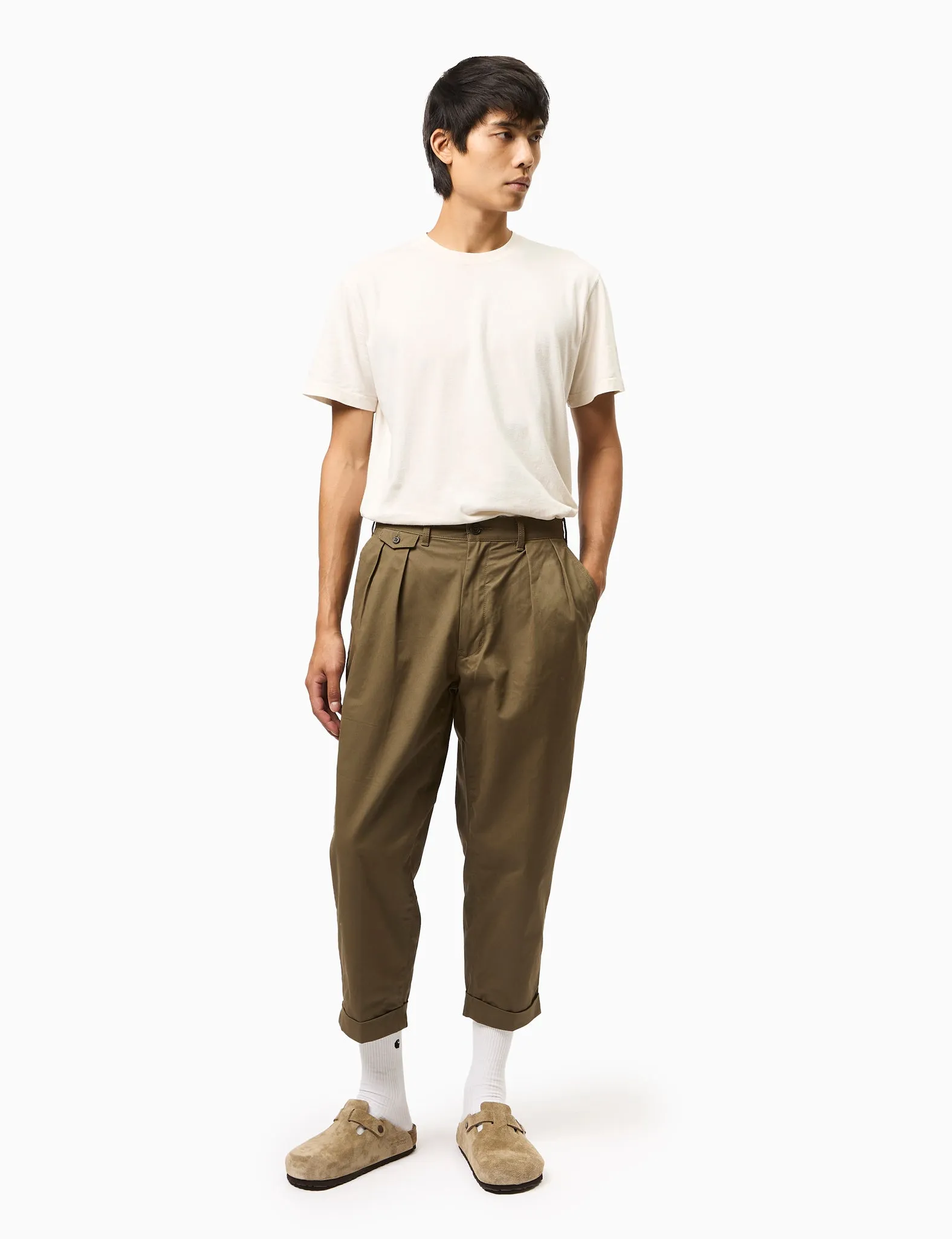 Beams Plus 2 Pleat Twill Trousers - Olive Green