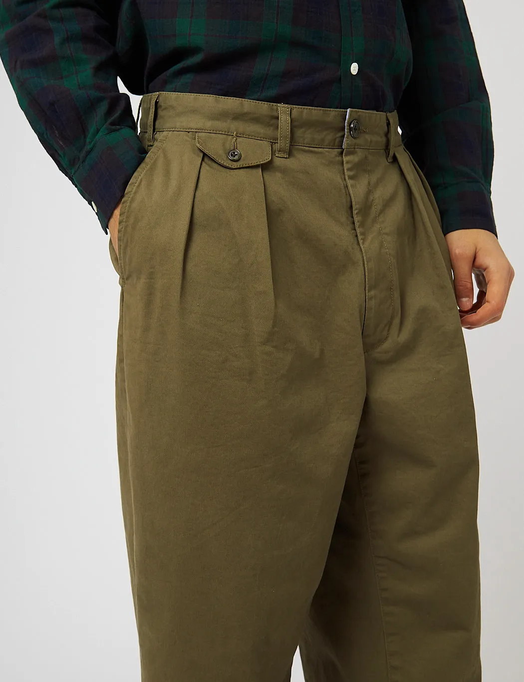 Beams Plus 2 Pleat Twill Trousers - Olive Green