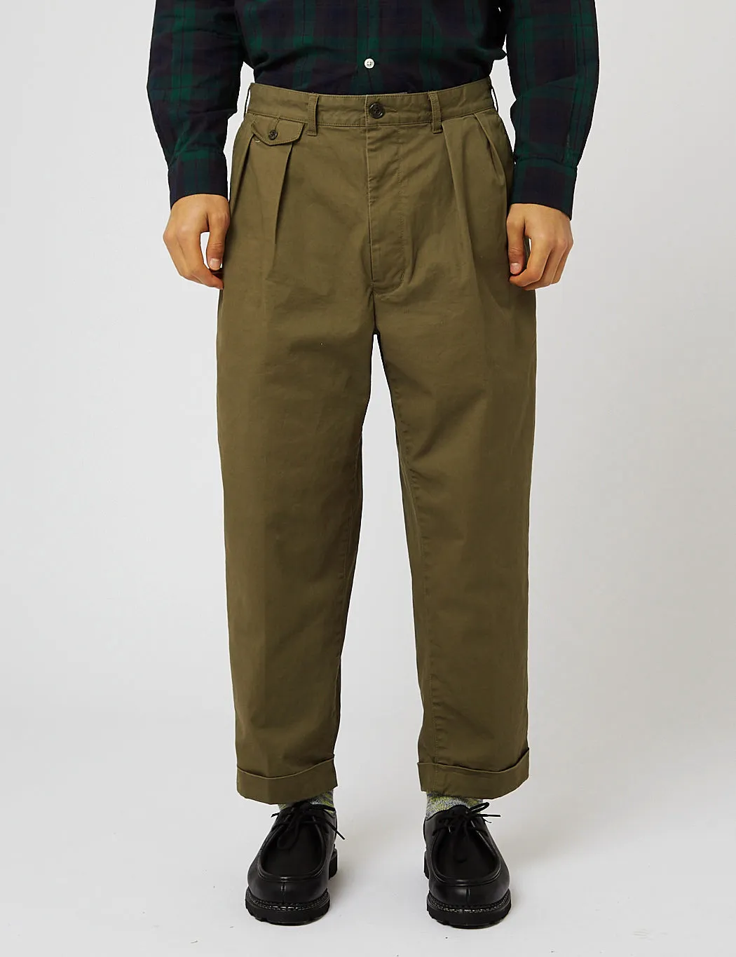 Beams Plus 2 Pleat Twill Trousers - Olive Green