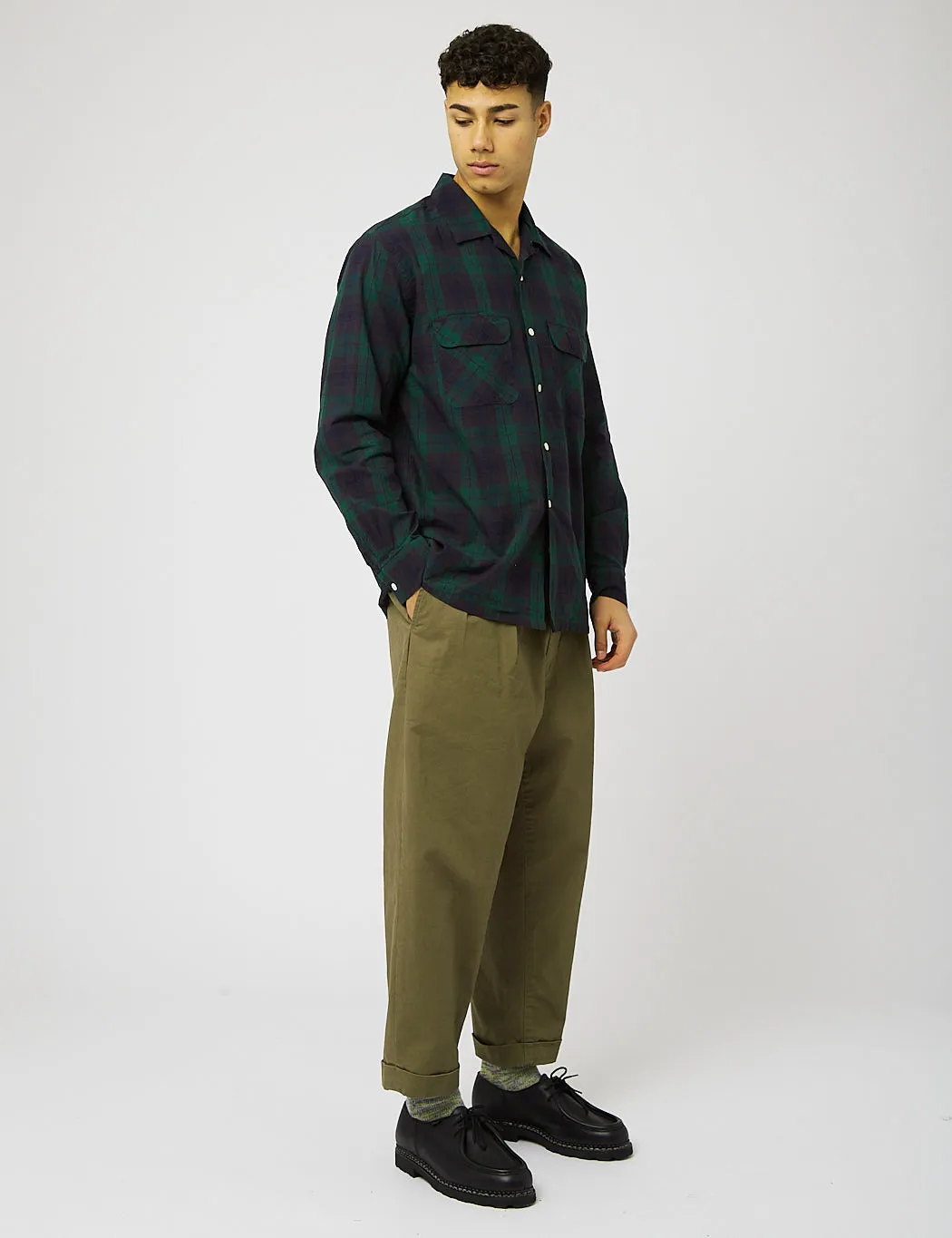 Beams Plus 2 Pleat Twill Trousers - Olive Green