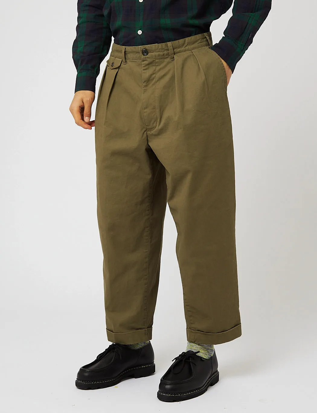 Beams Plus 2 Pleat Twill Trousers - Olive Green