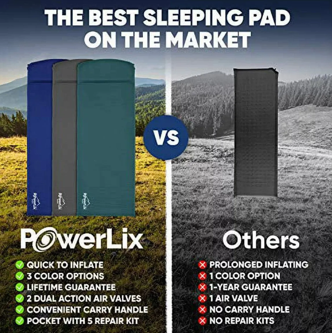 Powerlix Self-Inflating Sleeping Pad with 3-Inches Insulated Plush Foam and Built-In Pillow (28" x 77")