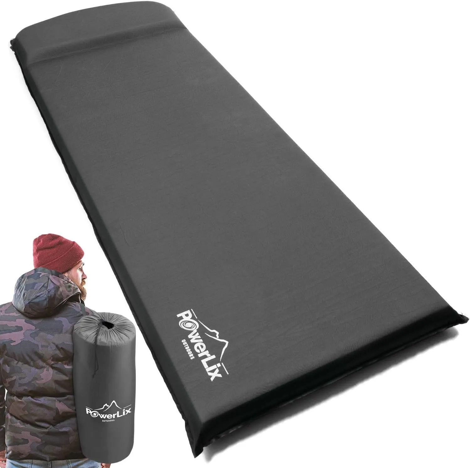 Powerlix Self-Inflating Sleeping Pad with 3-Inches Insulated Plush Foam and Built-In Pillow (28" x 77")